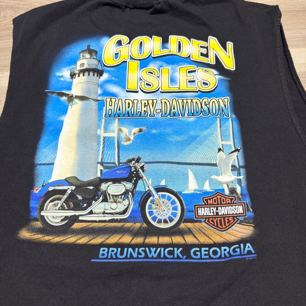Harley-Davidson Muscle Tee‎ Mens 2XL Black Golden Isles Brunswick Georgia Biker - Picture 4 of 14